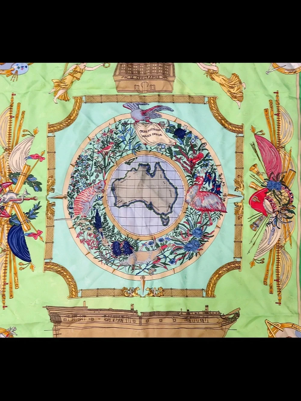 Hermes Green and Light Green Silk Scarf with Multicolor Motif